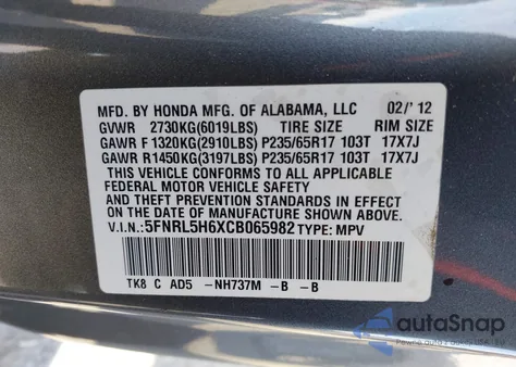 2012 Honda Odyssey Ex-L z USA, uszkodzony, nr VIN 5FNRL5H6XCB065982